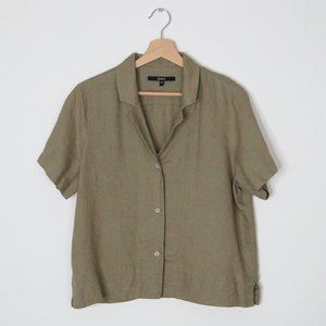 Quince Linen Short Sleeve Button Up Boxy Shirt Olive Green Small